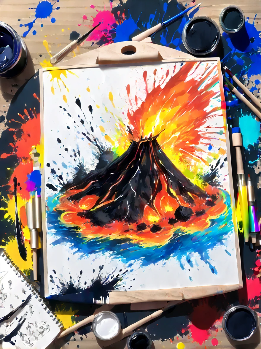 Whimsical vibe，an underwater world，((Undersea volcano eruption on 1 drawing board with magma and lava splashes made of ink:1.6))，((ink pigment，Strong splash of colored ink:1.6))，(在画布和章鱼身上有更多的ink splatter effect:1.6)，(Character covered in ink liquid splatter:1.6), (ink splatter effect:1.4)，(Splash paint:1.4), (Rainbow paint splash:1.4)，(paint splatter background:1.4)，The octopus should look happy doing its art，Surrounded by a vibrant aquatic environment filled with coral and marine life，(vector illustration:1.2)