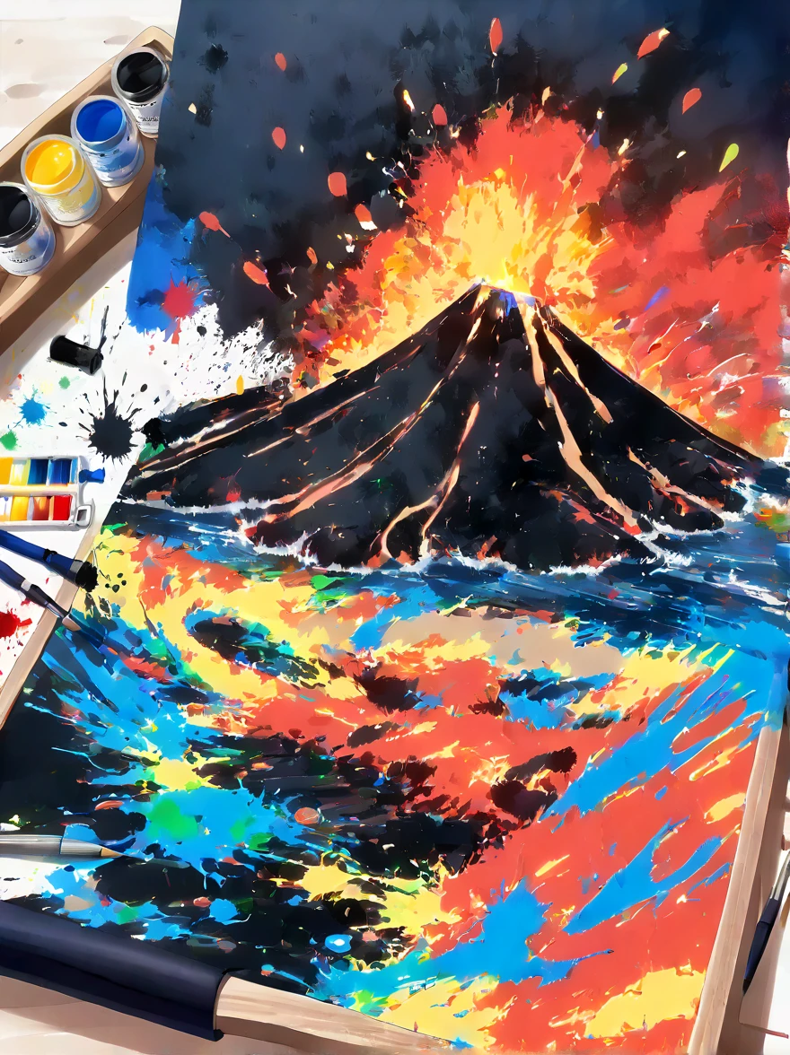 Whimsical vibe，an underwater world，((Undersea volcano eruption on 1 drawing board with magma and lava splashes made of ink:1.6))，((ink pigment，Strong splash of colored ink:1.6))，(在画布和章鱼身上有更多的ink splatter effect:1.6)，(Character covered in ink liquid splatter:1.6), (ink splatter effect:1.4)，(Splash paint:1.4), (Rainbow paint splash:1.4)，(paint splatter background:1.4)，The octopus should look happy doing its art，Surrounded by a vibrant aquatic environment filled with coral and marine life，(vector illustration:1.2)