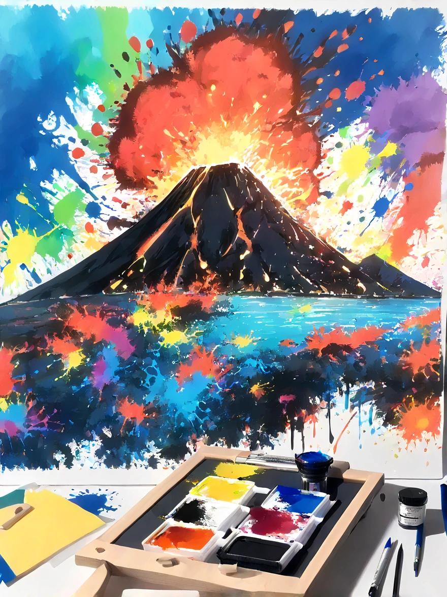 Whimsical vibe，an underwater world，((Undersea volcano eruption on 1 drawing board with magma and lava splashes made of ink:1.6))，((ink pigment，Strong splash of colored ink:1.6))，(在画布和章鱼身上有更多的ink splatter effect:1.6)，(Character covered in ink liquid splatter:1.6), (ink splatter effect:1.4)，(Splash paint:1.4), (Rainbow paint splash:1.4)，(paint splatter background:1.4)，The octopus should look happy doing its art，Surrounded by a vibrant aquatic environment filled with coral and marine life，(vector illustration:1.2)