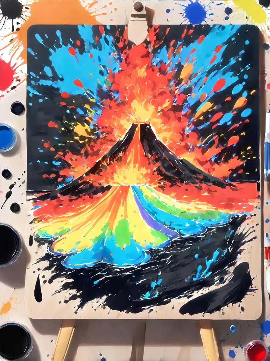 Whimsical vibe，an underwater world，((Undersea volcano eruption on 1 drawing board with magma and lava splashes made of ink:1.6))，((ink pigment，Strong splash of colored ink:1.6))，(在画布和章鱼身上有更多的ink splatter effect:1.6)，(Character covered in ink liquid splatter:1.6), (ink splatter effect:1.4)，(Splash paint:1.4), (Rainbow paint splash:1.4)，(paint splatter background:1.4)，The octopus should look happy doing its art，Surrounded by a vibrant aquatic environment filled with coral and marine life，(vector illustration:1.2)