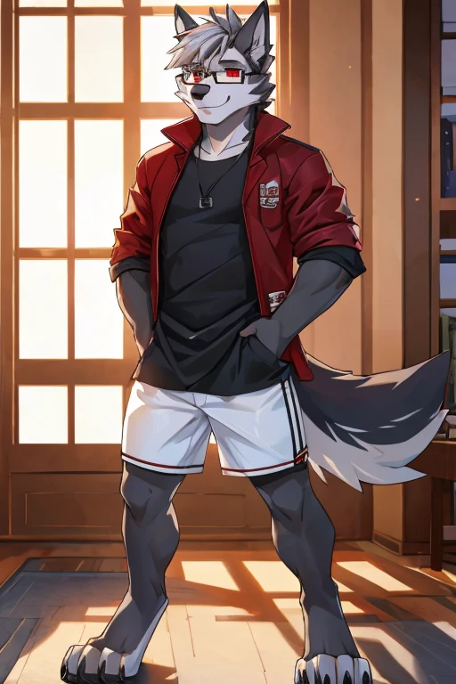 anthropomorphic, male, red eyes, silver hair, wolf, hellhound, (((1boys))), (((black shirt))), (white shorts), (red jacket), handsome, grey skin, long digitigrade legs, smiling, (glasses)