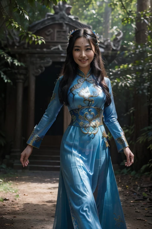 (((The fantasy abode palace of the gods in fantasy forest ))), 35mm f1.4 full frame portrait photo of Vietnamese woman, (((Classic Vietnamese women's costumes Ao Dai)), ao dai costume, dark blue shapphire color , A spectral goddess, translucent, celestial, high detail, realism, 8k photography, full-body, cinematic shot , (with the ancient Azure Dragon, a heroic character), cinematic lighting, creating a sense of mystery, Walking away from the camera with a confident strut, Intense and smoldering, with a piercing gaze, (((asian cute detailed face))), volumetric light, hyper realistic photograph --v 5, (happy face), (charming smile:1.1), (smiling eyes and beautiful eyes:1.1)