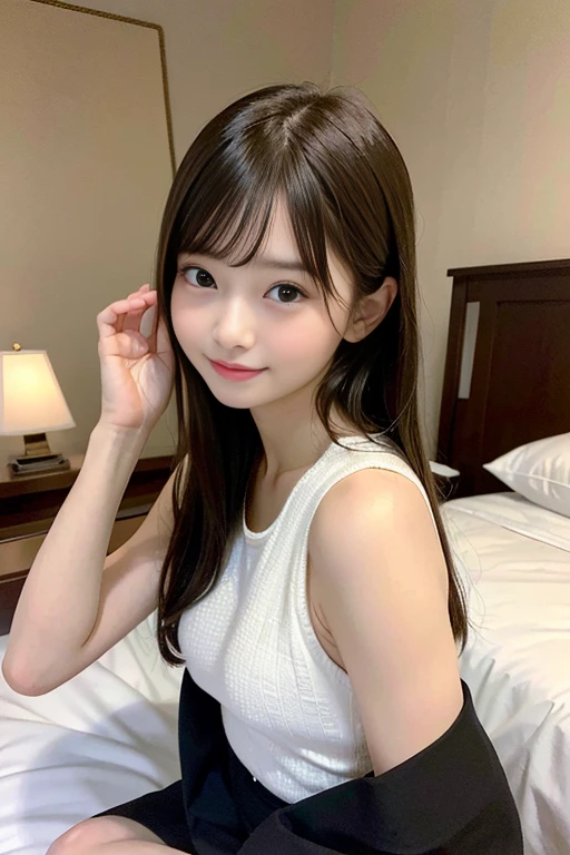 Masterpiece, best quality, high resolution, an extremely delicate and beautiful, night, hotel room, on the bed, school uniform, light smile, (()), (((small breasts))), long hair, blunt bangs, young woman, (((young face))), (((pretty face))), (pretty japanese woman), detailed pretty face, perfect face, realistic, photorealistic