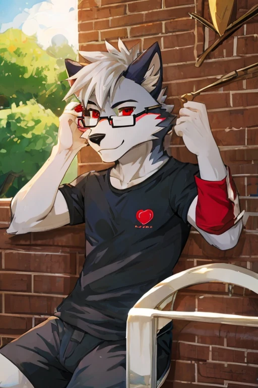 anthropomorphic, male, red eyes, silver hair, wolf, hellhound, (((1boys))), (((black shirt))), (white capri shorts), (red jacket), handsome, grey skin, long digitigrade legs, smiling, (glasses), slender