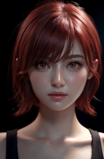 1 girl, star eye, blush, perfect lighting, redhead, red eyes, unreal engine, side light, detailed face, bangs, bright skin, simple background, dark background,short hair