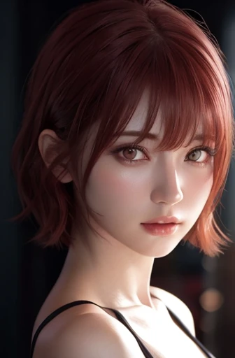 1 girl, star eye, blush, perfect lighting, redhead, red eyes, unreal engine, side light, detailed face, bangs, bright skin, simple background, dark background,short hair