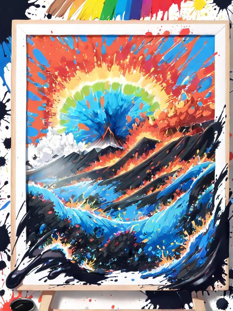 Whimsical vibe，an underwater world，((Undersea volcano eruption on 1 drawing board with magma and lava splashes made of ink:1.6))，((ink pigment，Strong splash of colored ink:1.6))，(在画布和火山上有更多的ink splatter effect:1.6)，(Character covered in ink liquid splatter:1.6), (ink splatter effect:1.4)，(Splash paint:1.4), (Rainbow paint splash:1.4)，(paint splatter background:1.4)，The octopus should look happy doing its art，Surrounded by a vibrant aquatic environment filled with coral and marine life，(vector illustration:1.2)