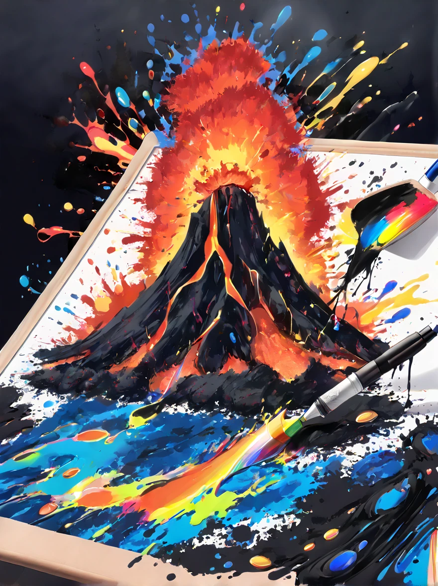 Whimsical vibe，an underwater world，((Undersea volcano eruption on 1 drawing board with magma and lava splashes made of ink:1.6))，((ink pigment，Strong splash of colored ink:1.6))，(在画布和火山上有更多的ink splatter effect:1.6)，(Character covered in ink liquid splatter:1.6), (ink splatter effect:1.4)，(Splash paint:1.4), (Rainbow paint splash:1.4)，(paint splatter background:1.4)，The octopus should look happy doing its art，Surrounded by a vibrant aquatic environment filled with coral and marine life，(vector illustration:1.2)