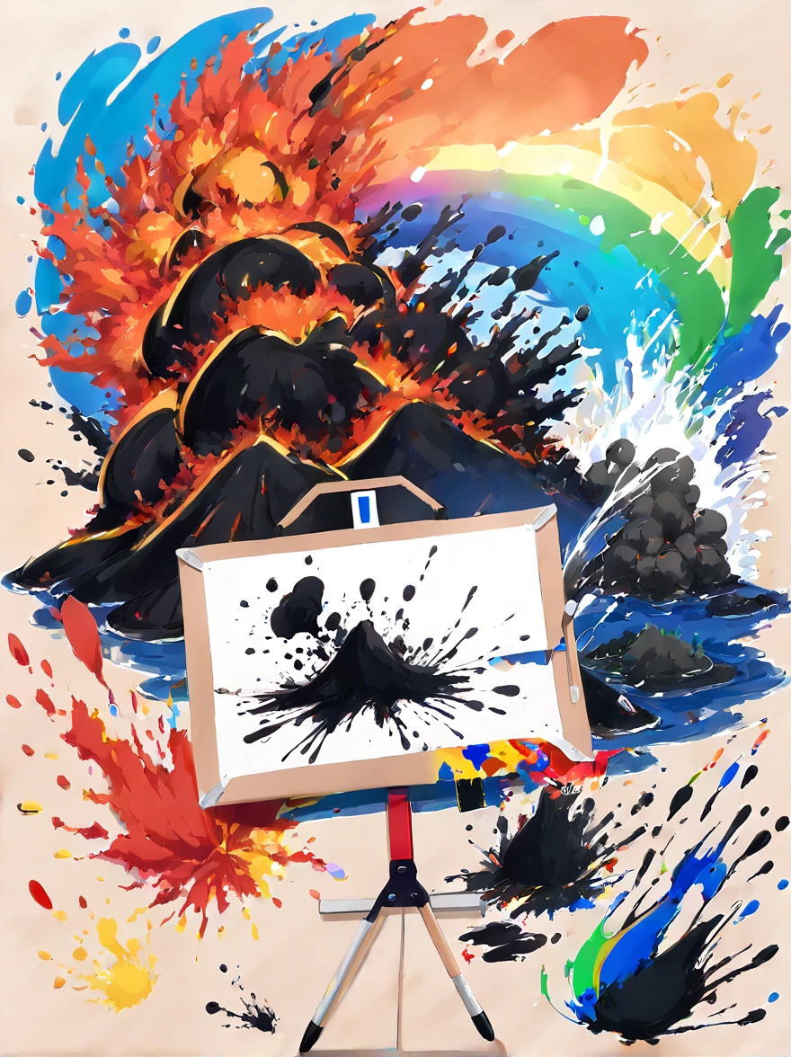 Whimsical vibe，an underwater world，((Undersea volcano eruption on 1 drawing board with magma and lava splashes made of ink:1.6))，((ink pigment，Strong splash of colored ink:1.6))，(在画布和火山上有更多的ink splatter effect:1.6)，(Character covered in ink liquid splatter:1.6), (ink splatter effect:1.4)，(Splash paint:1.4), (Rainbow paint splash:1.4)，(paint splatter background:1.4)，The octopus should look happy doing its art，Surrounded by a vibrant aquatic environment filled with coral and marine life，(vector illustration:1.2)