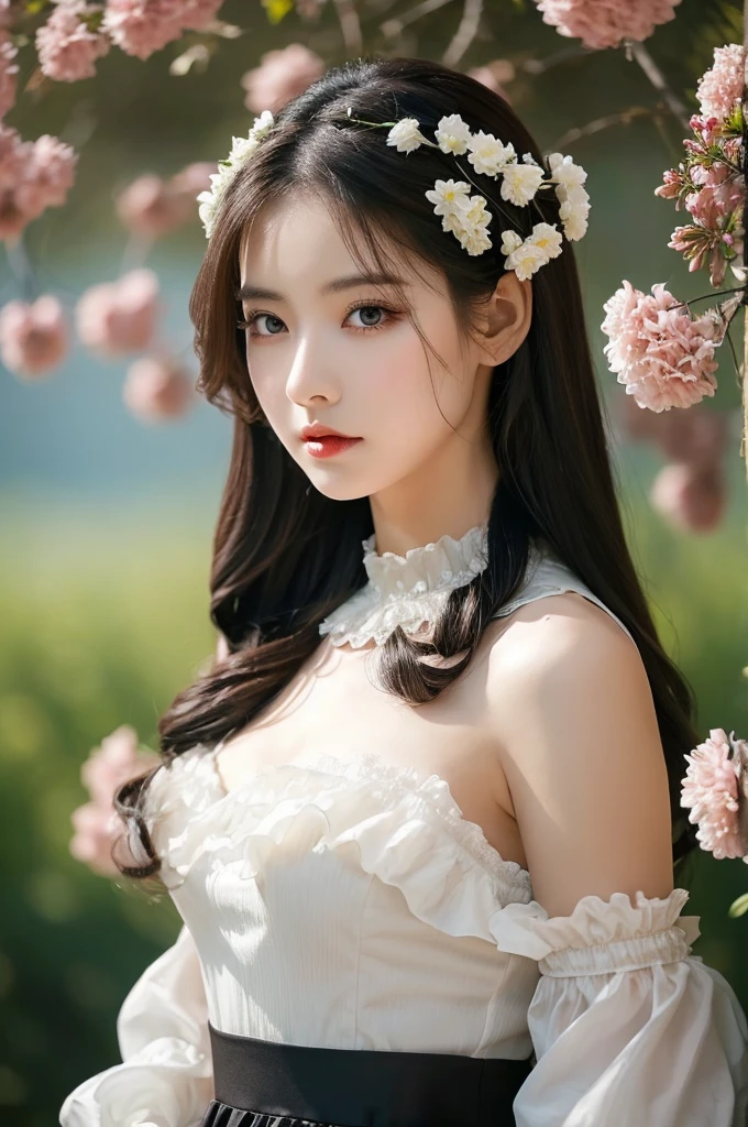 (masterpiece:1.2), (highest quality:1.2), perfect eyes, perfect face, perfect lighting, 1 girl, Mature woman Gosgar standing with hands in front of her, long hair, complicated hairstyle, compensate, black lips, thick eyelashes, sad, melancholy, Dressed in Gosgar costume, black and white dress, frills, ribbon, puffy sleeves, bare shoulders, Lacey Choker, jewelry, peaceful, quiet, Chill, Detailed outdoor background, beautiful scenery, fantasy, summer, Sunny, sunburn, flowers, wood  