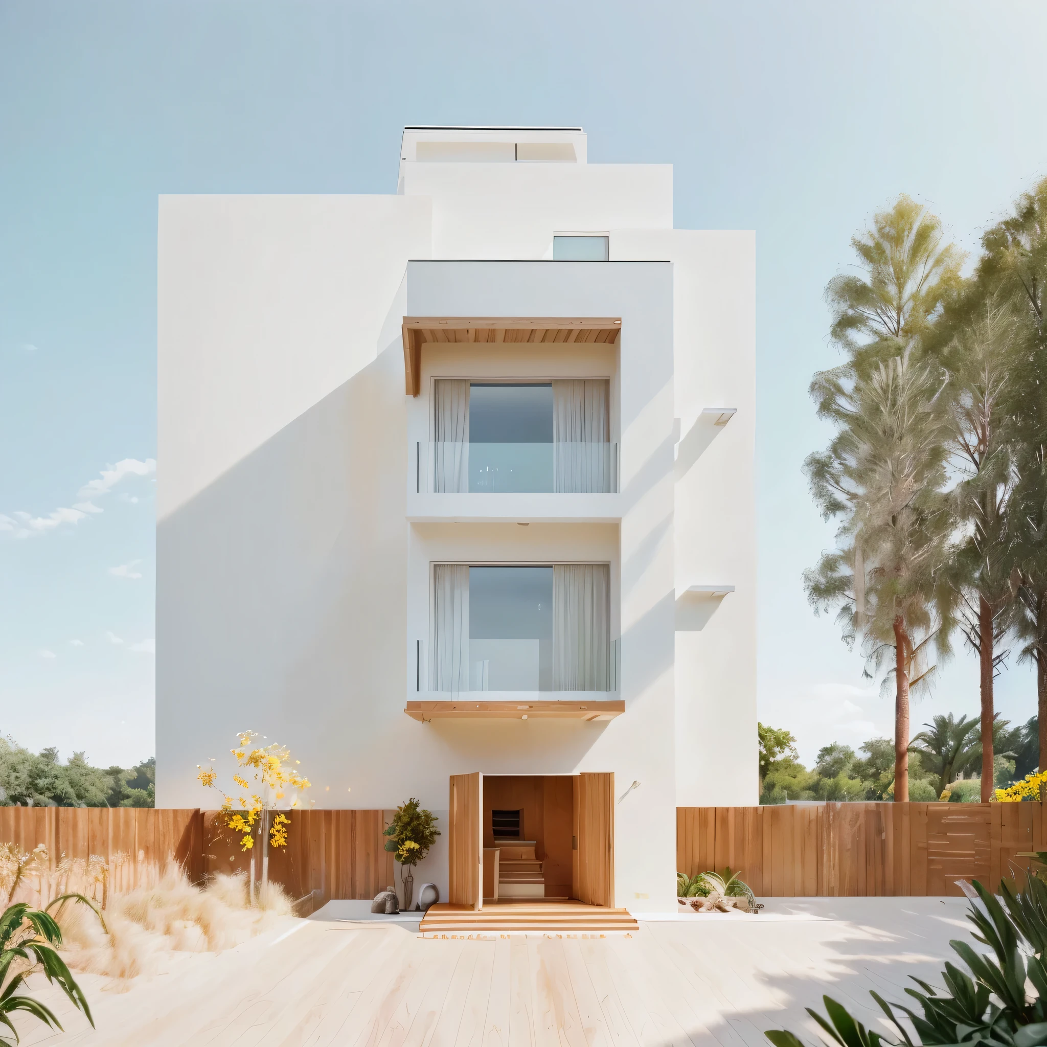 RAW 3D photo, outdoor, 1 house architecture, (elegant), (white wall and glass and wood),blue sky, (luxury home with exquisyte finishing: 1.3), wood, (warm yelow light in the interio),(highdetailed:1.2),8k uhd, dslr, soft lighting, high quality, film grain, Fujifilm XT3