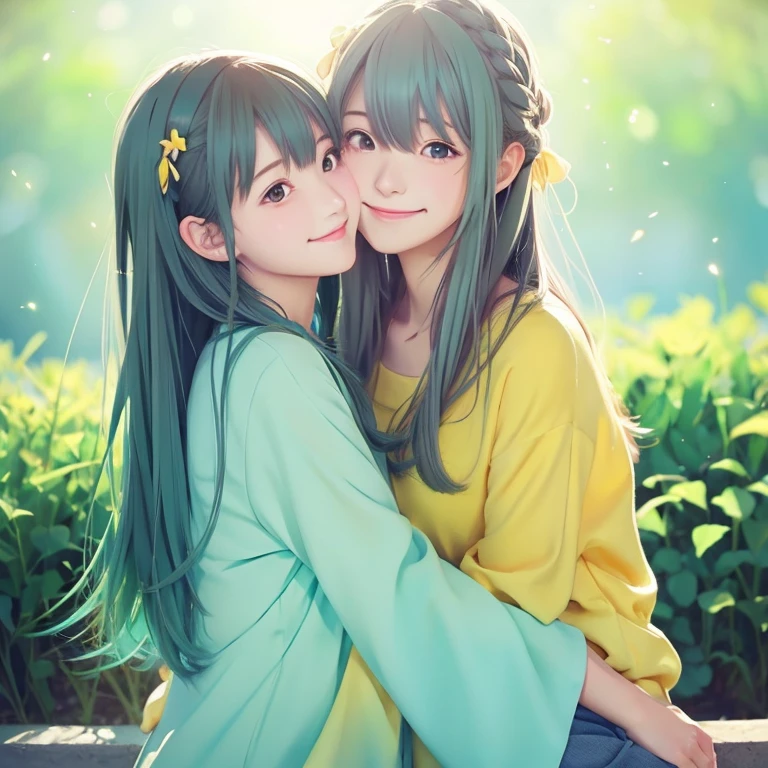 anime illustration、masterpiece、cute、ung 、Darker hair color、light blue、green、yellow、kindness、Warm atmosphere、happiness