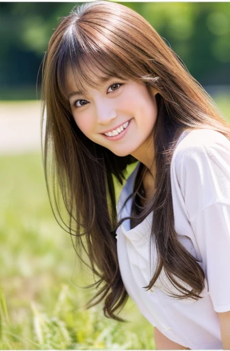 highest quality, soft light, ultra high resolution, (realistic:1.4), full_body,RAW photo, 1 japanese girl, alone, cute, (pupil, light in the eyes), detailed beautiful face,(High resolution details of human skin texture), (long hair), outdoor, Y-shirt,skirt, (portrait),spring,big smile,sox