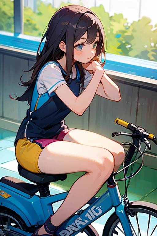 a girl sitting on bicycle saddle cushion, dolphin shorts,
