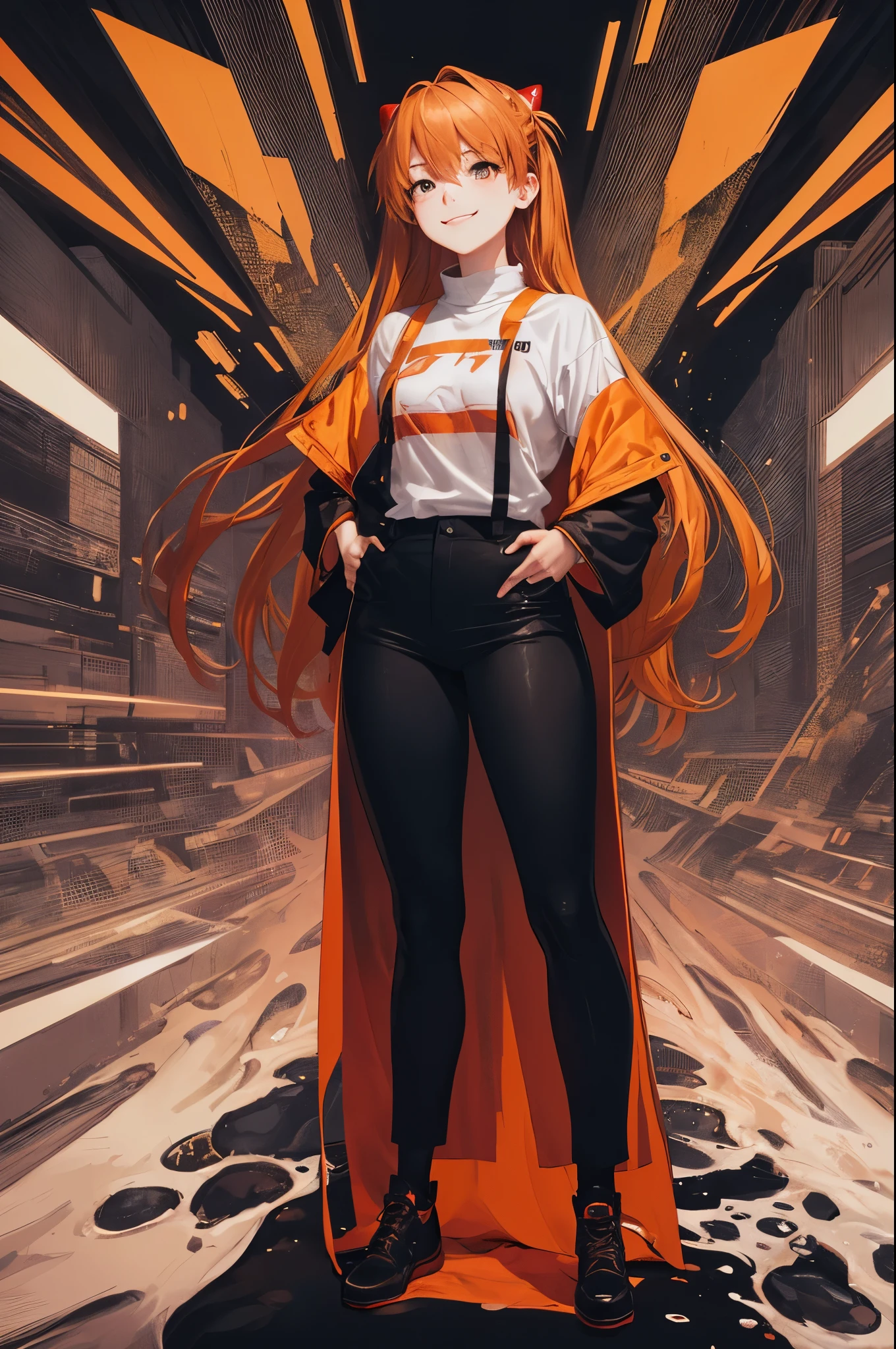 Comic portrait of Soron Asuka Langley, faint smile, Orange and red color palette, splash of emotion, Illustration, comic book art, graphic novel art, energetic, Very detailed, ((whole body)), Angular