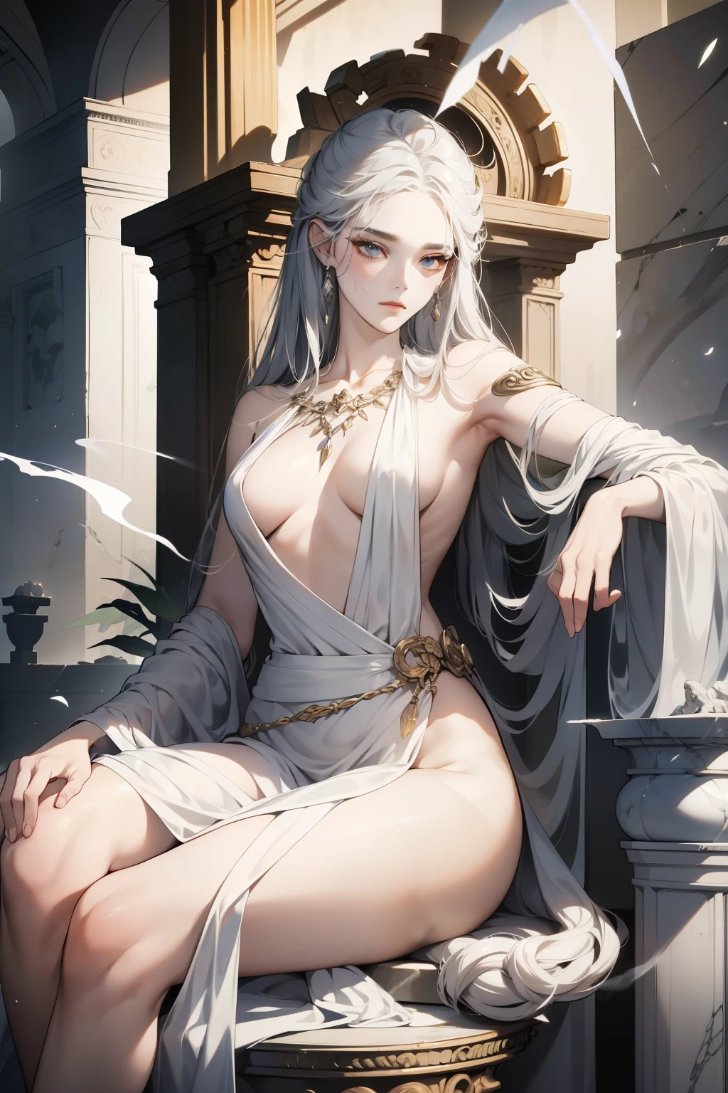 woman, goddess marble statue, silver hair, achromatic skin, White robe, Sit on a pedestal, Cracked, dark room, Empty room, peacefulness, dusty, dust flies, Smokexxx, masterpiece, highest quality, relic, epic, Mythical, fantasy