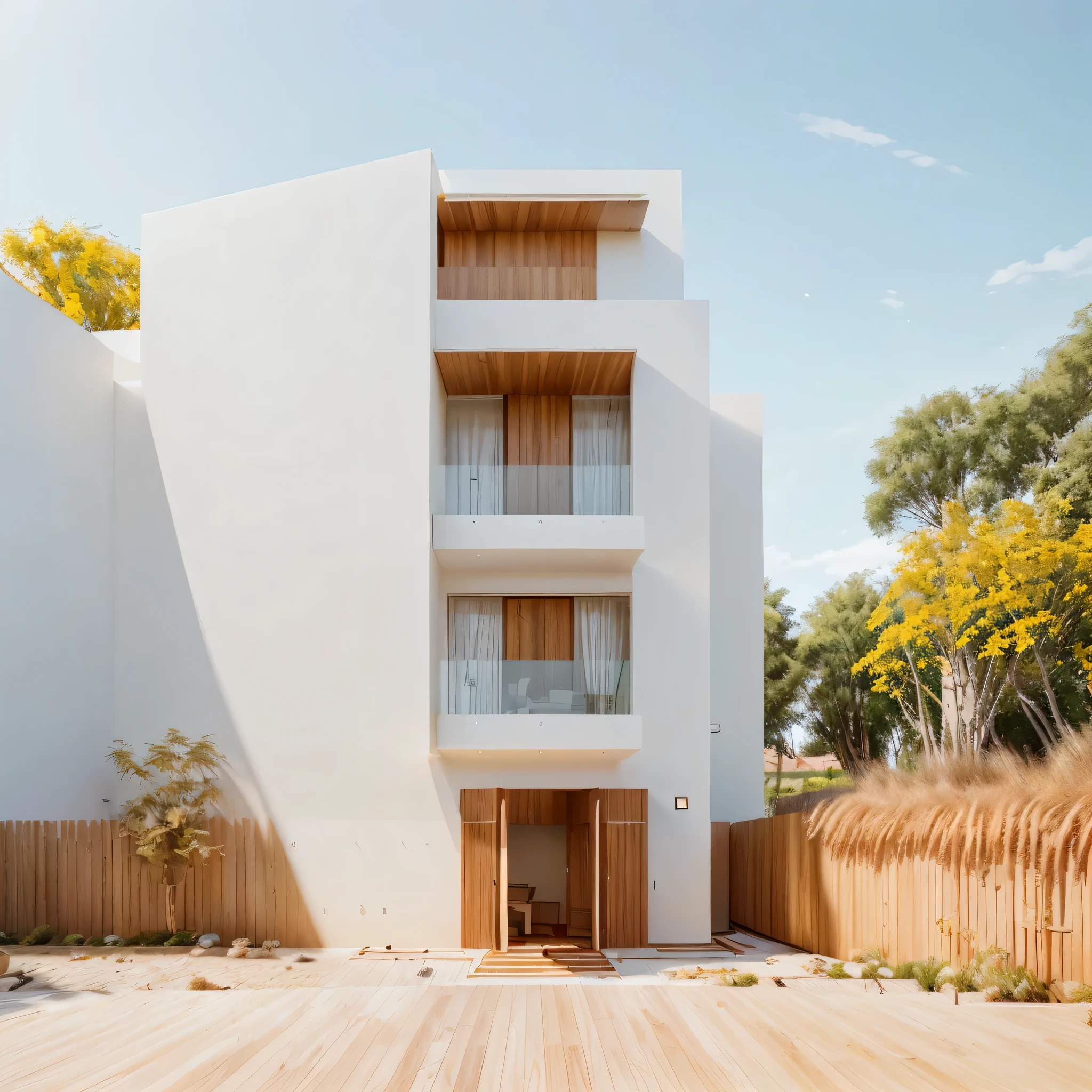 RAW 3D photo, outdoor, 1 house architecture, (elegant), (white wall and glass and wood),blue sky, (luxury home with exquisyte finishing: 1.3), wood, (warm yelow light in the interio),(highdetailed:1.2),8k uhd, dslr, soft lighting, high quality, film grain, Fujifilm XT3
