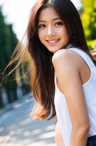 college girls、petite person、(barechested)、Outside the field、(Slimed、small tit、flat boobs、small tit)、Photorealsitic、detaileds, Skin Texture, ultra-detailliert、Delicate and sexy collarbone、A smile、Super Detailed Face、Detailed lips、A detailed eye、二重まぶた、Sitting on legs bending the knees、Squatting、12year old、sexy pose