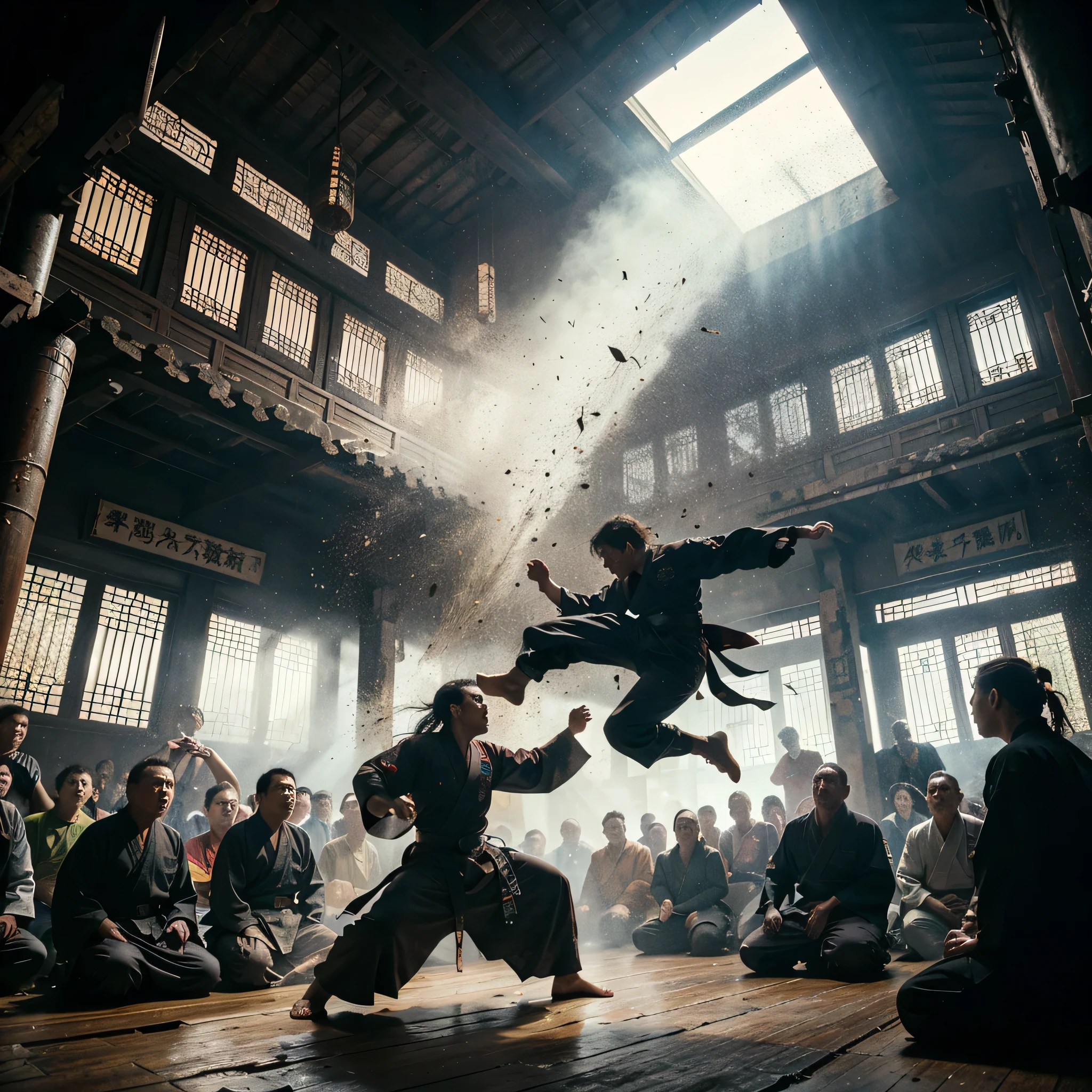 two martial arts fighters in an old dark building in china, in the style of epic fantasy scenes, detailed crowd scenes, michael shainblum, high quality photo, bertil nilsson, lively movement portrayal, concept art