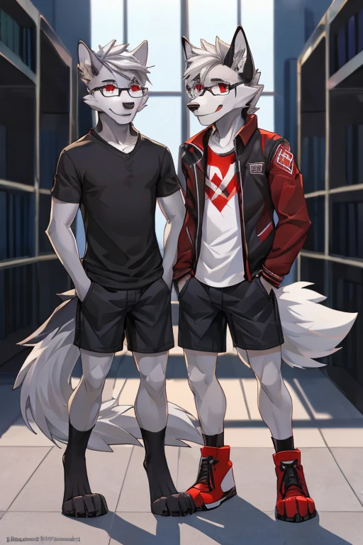 anthropomorphic, male, red eyes, silver hair, wolf, hellhound, (((1boys))), (((black shirt))), (white capri shorts), (red jacket), handsome, grey skin, long digitigrade legs, smiling, (glasses), slender