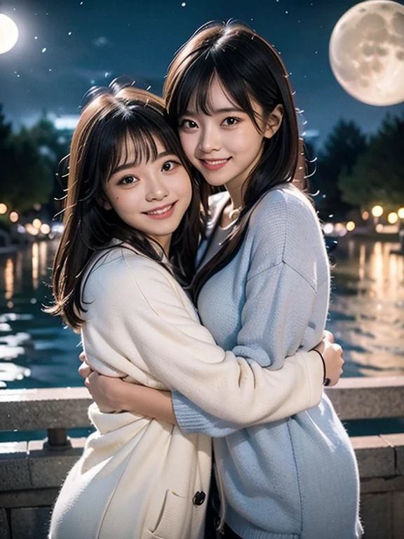 (((2 Girls Two Shots)))(((highest quality)))(((Raw photo)))(((details face)))(((baby face)))((()))(((detail body)))(((model body shape)))(((seductive body)))(((NSFW)))(((long hair that grows to the waist)))(((standing hair)))Best detailed body capture、eye for detail, beautiful eyes、Street view、((No makeup))、cute japanese woman、、high school girl、young girl、have bangs、drooling eyes、big black eyes、cute smile、Thick blue muffler、knit sweater、The front of the coat is open、(((water spirit buckle)))the wind is blowing、It's snowing、Don't show your ears that are illuminated from behind,big eyes(((smile like an angel)))(((cute lesbian couple)))(((Compassionate hug shot)))(((Full Moon Night View Camera)))