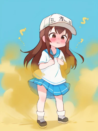 Platelets、8K、must-have、anime、fart、shyness、blush、a lot of gas、Gas comes out of the butt、animeチック、full body photo、blue kindergarten clothes、White cap、brown hair、long hair、Kindergarteners、All-in-one、skirt、Are standing