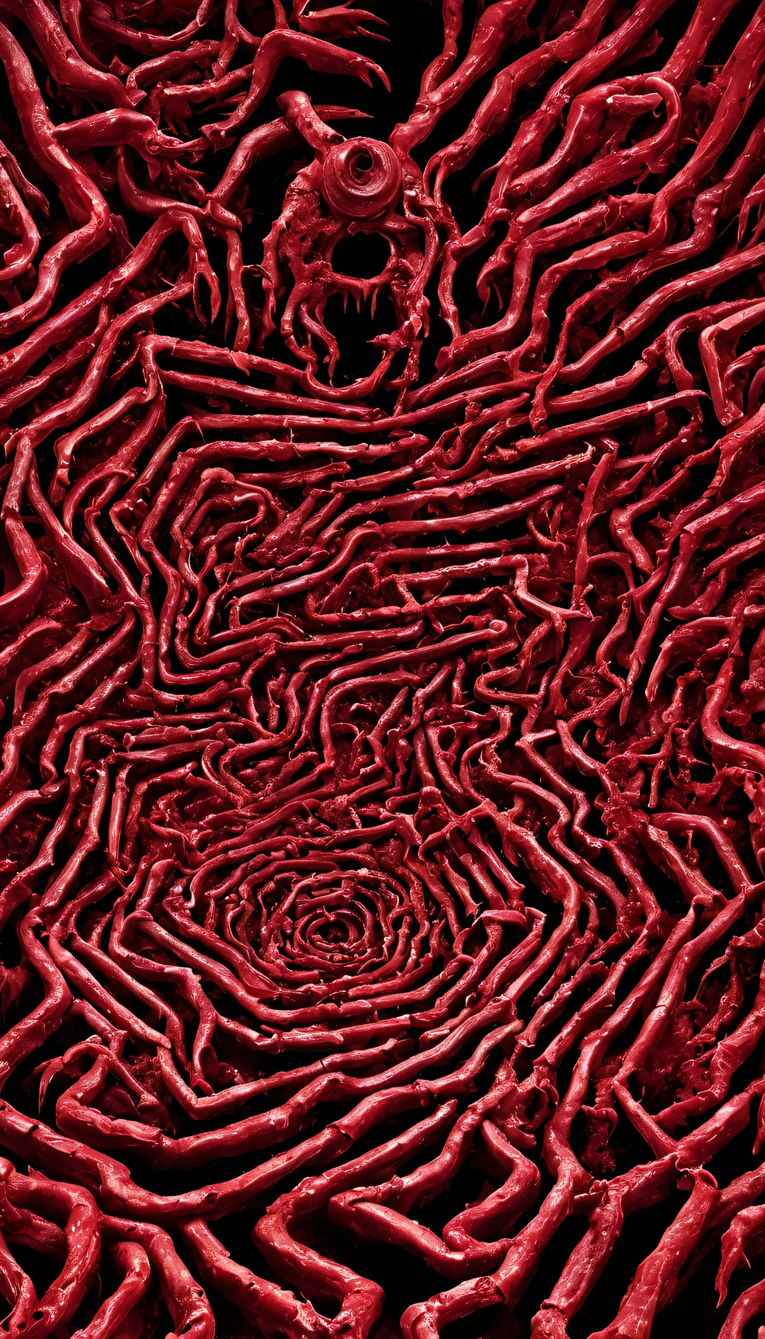a photo of a maze with horrific butchery tools, in black and red theme
