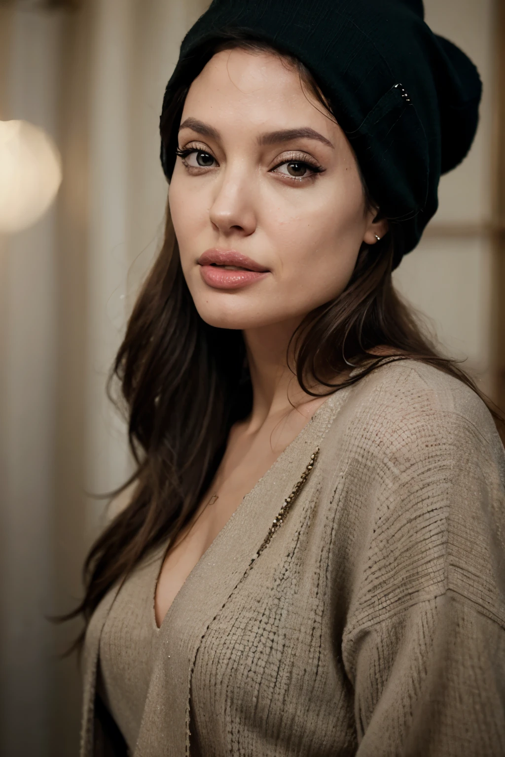 Give me an 8K quality image of Angelina Jolie&#39;s beautiful face wearing fashionable clothes and a beanie