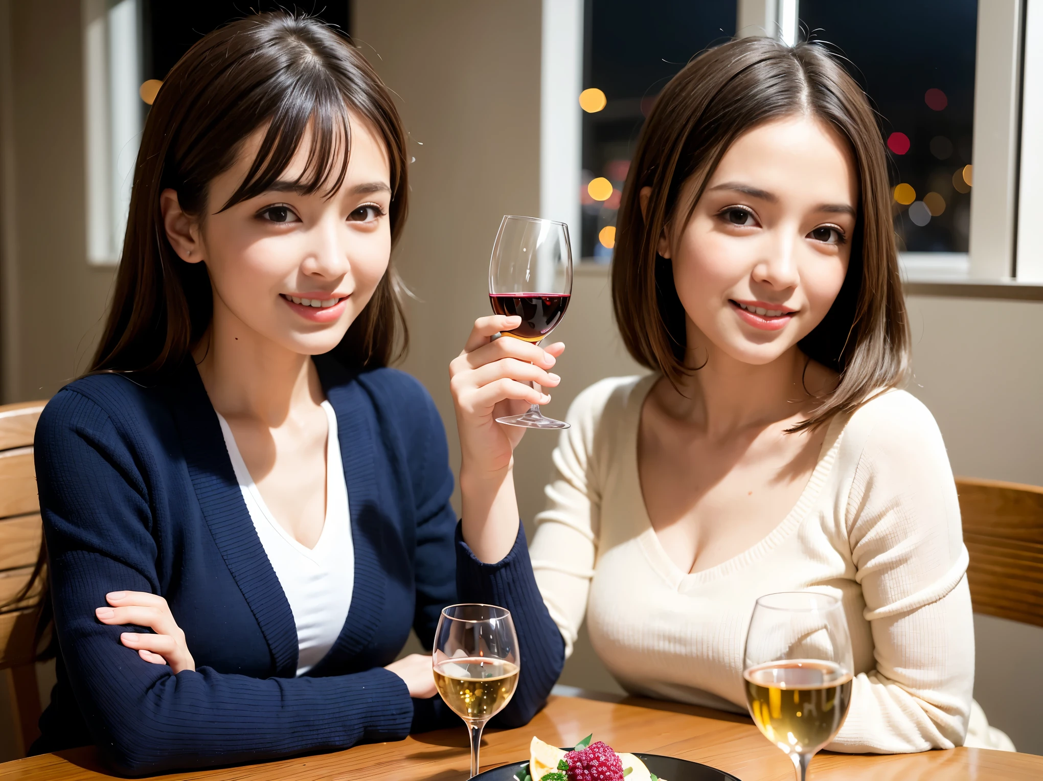 (including 64k, nffsw, highest quality, table top: 1.2), (realistic, photorealistic: 1.37), long sleeve shirt、winter fashion、Colombia、Brazilian、Japanese、Dutch、German、Portuguese、Belgian、Italian、french,champagne、Sparkling wine、 (slimフェイス), (slimボティ), (brown hair), (shortcut), Neat beauty、cheeks blush a little, (35 years old), 38 years old, alone, 窓の外には美しく緻密なnight景が広がります., restaurant, wine glassが座っている, nightに, in a prominent place (from the Upper body) nova frog style, actress, model, Upper body, White wine, slim, wine glass, Super Clean night View, wine glass Put in the Middle, Happy smile, (smile: 1.15), beautiful and detailed eyes, Upper body, bust japan up, night, short, short, actress, model, Upper body, White wine, slim, wine glass, Super Clean night View, wine glass Put in the Middle, Happy smile,