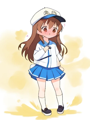 Platelets、8K、must-have、anime、????、shyness、blush、a lot of gas、Gas comes out of the butt、animeチック、full body photo、、White cap、brown hair、long hair、Kindergarteners、blue all-in-one outfit、skirt、Are standing