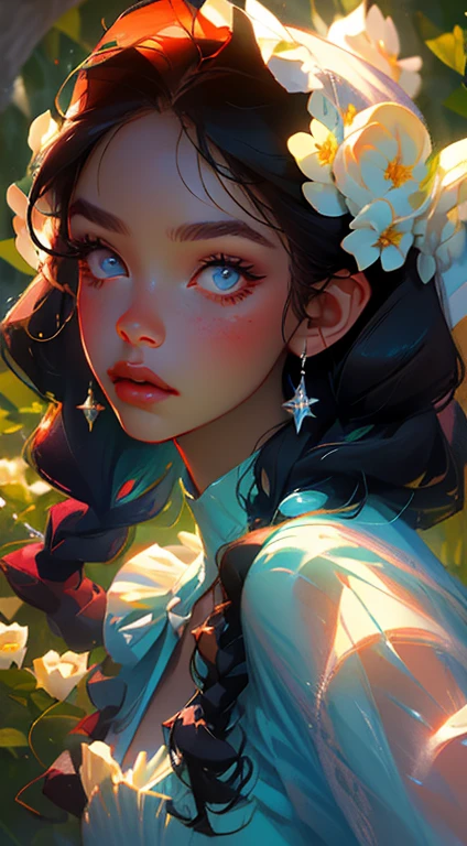 beautiful young woman, 2 long braids, thick bangs, dark hair, a lot of make-up, detailed eyes, detailed hair, detailed face, wearing round glasses, dark skin, portrait. face shot, long head, big nose, big lips, ebony skin, mischievous, blue eyes, wearing a cute blue tea party dress and a cute bonnet with blue roses, full body view, slim girl, 16 years old, background is a botanical garden full of flowers, herbs, plants and butterflies, (natural skin textures、Hyper-Realism、Soft light、sharp)