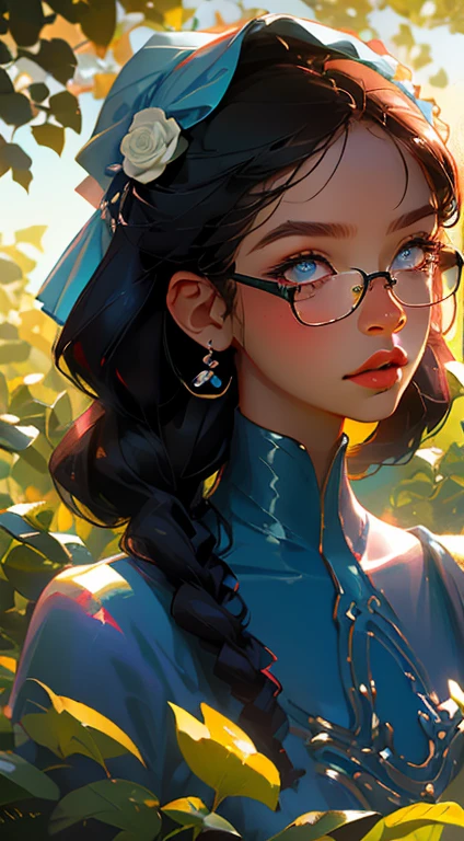 beautiful young woman, 2 long braids, thick bangs, dark hair, a lot of make-up, detailed eyes, detailed hair, detailed face, wearing round glasses, dark skin, portrait. face shot, long head, big nose, big lips, ebony skin, mischievous, blue eyes, wearing a cute blue tea party dress and a cute bonnet with blue roses, full body view, slim girl, 16 years old, background is a botanical garden full of flowers, herbs, plants and butterflies, (natural skin textures、Hyper-Realism、Soft light、sharp)