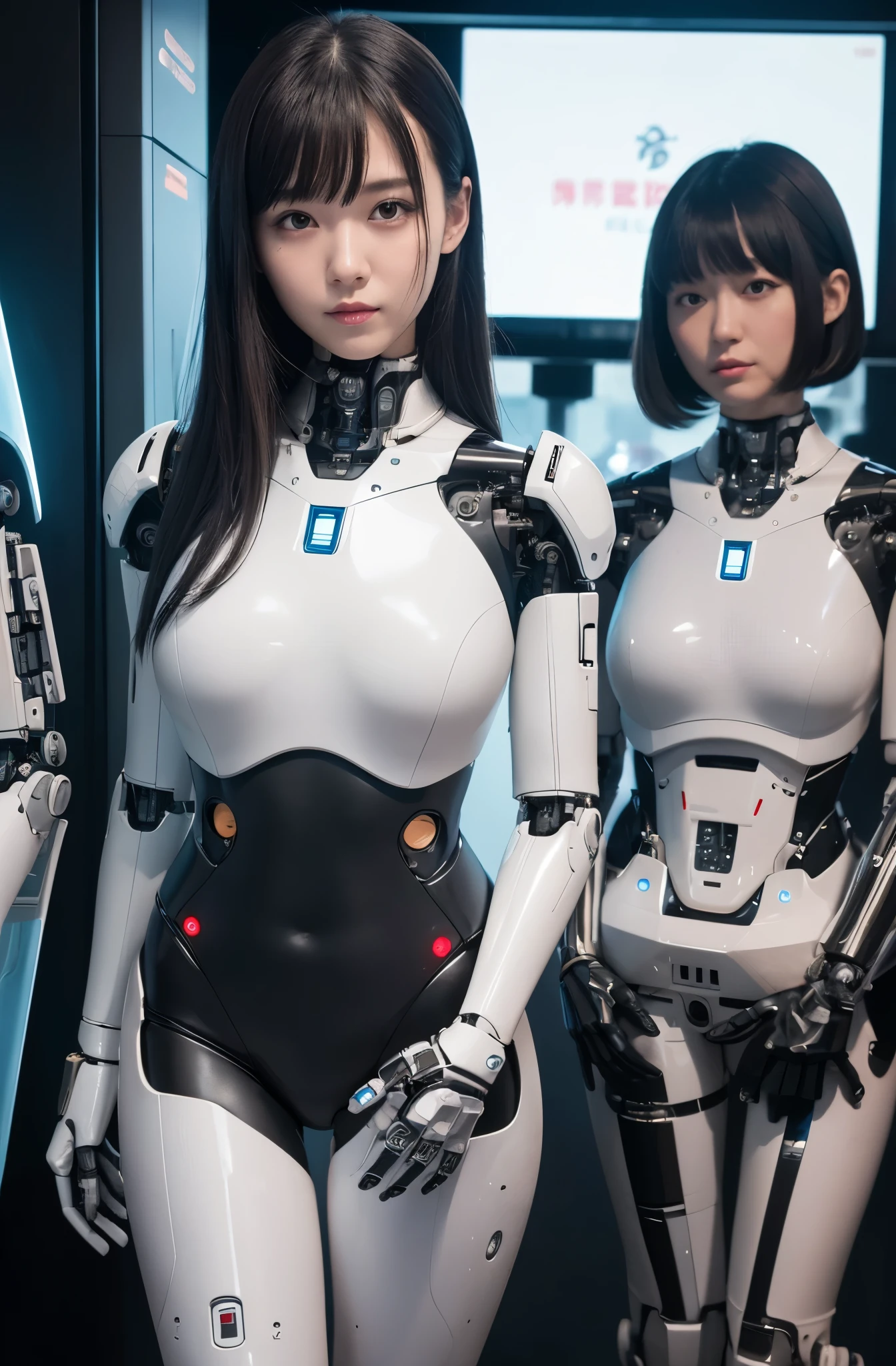 masterpiece, best quality, (photorealistic:1.4), (RAW photo)(8K, 4K, Best Quality, hight resolution, 超A high resolution:1.1), (masutepiece, Realistic, Photorealsitic:1.1), 1girl in, Japaese Cyborg Girl,Plump , announcer,control panels,android,Droid,Mechanical Hand, ,clothes with a sense of mechanical technology, Robot arms and legs, Black Robot Parts,Black hair,Mechanical body,Blunt bangs,White abdomen,White robotics parts,tube dress,perfect robot woman,perfect android woman, perfect mechanical woman,future laboratory,android factory,cyborg factory,robot factory,cyber pank,charging spot,long tube,thick cable connected her neck,bowing,maintainance her,repaired her,full eyes,dark black tights,a bit chubby