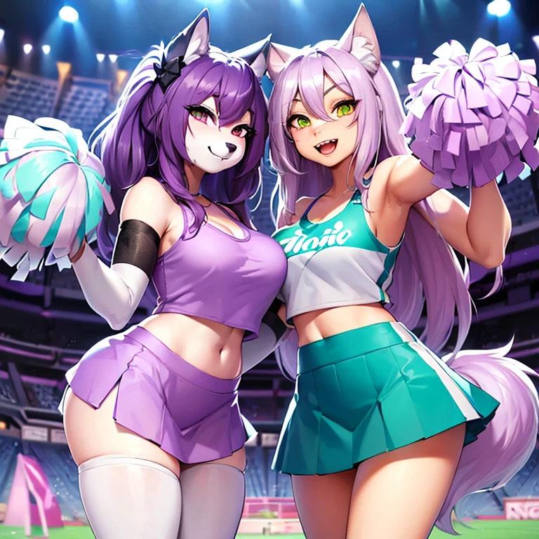 (anthro furry:1.3, snout:1.2, anthro:1.3, furry:1.2),(((female Wolf ))),((((subdued Lavender color skin)))),body fur,solo, fluffly, furry, (average breasts), (curvy), cheerleader,HD,sharp,beautiful and detailed, ((long purple hair)),(((ojou curls))),leg up,(white sleeveless cheerleading shirt:1.4),(White panties visible through the skirt),(teal cheerleading miniskirt:1.2), accurate tail, slight blush,milf,mature, cool evil smile with open mouth,soccer stadium background, masterpiece, (by dr comet),by pochincoff,