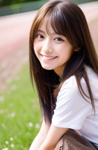 highest quality, soft light, ultra high resolution, (realistic:1.4), full_body,RAW photo, 1 japanese girl, alone, cute, (pupil, light in the eyes), detailed beautiful face,(High resolution details of human skin texture), (long hair), outdoor,skirt, (portrait),spring,big smile,sox,chirarhythm