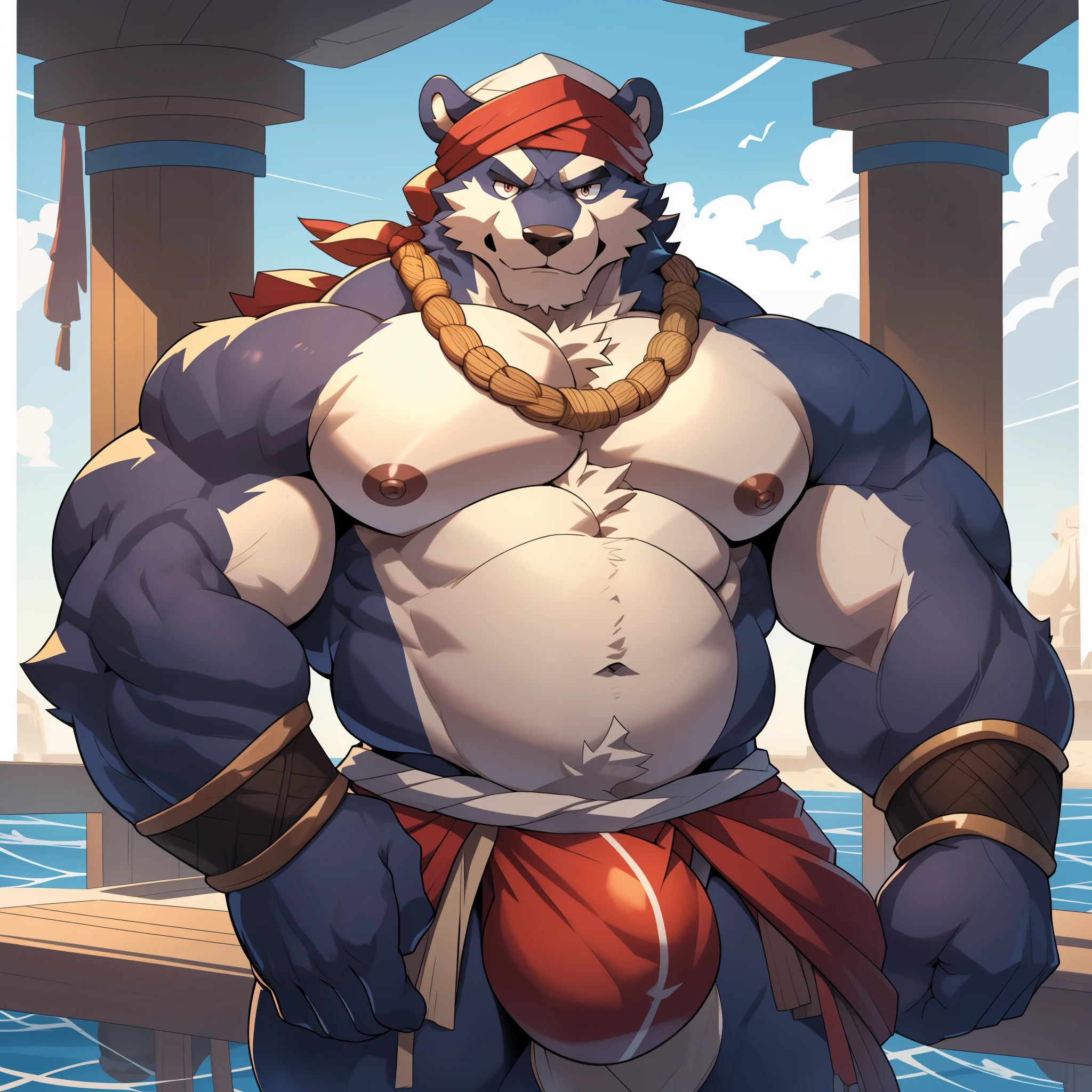 Solo, Male, White Bear Pirates,Sailor's turban,cheeky, Wide face, Broad shoulders, muscular, buff, Strong, Tall, Has huge nipples , Enlarged pink nipples, large biceps, Huge pectoral muscles, The general's belly, s eyes,Determined gaze,detailed crotch, huge bulge,on board