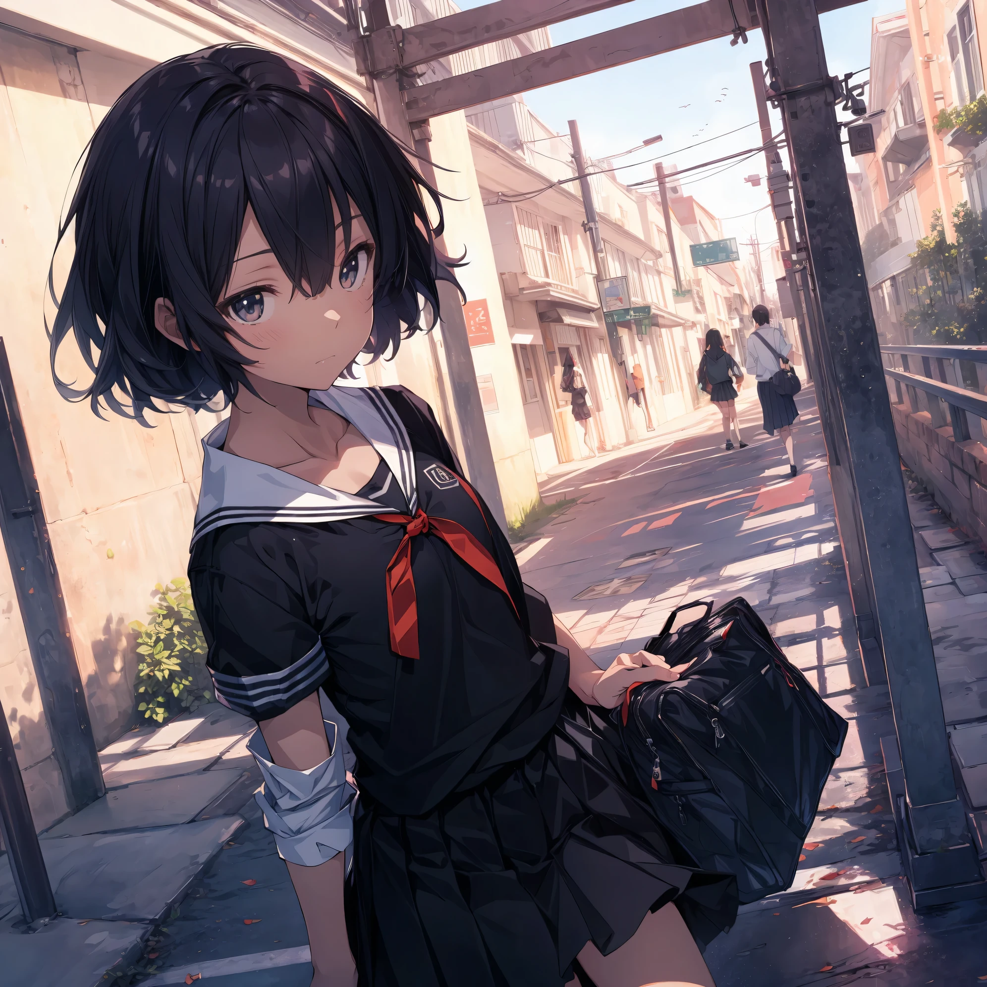 Super high quality by the art god, super detailed, High resolution,Shinkai Makoto style, anime moe art style, best anime 8K konachan wallpaper, pixiv contest winner, perfect anatomy, break,(眠そうにalone学校へ行く女の子を描いてください. ),break, surreal high school girl, (alone,lolita, , 13 years old:1.3),All limbs, full finger,, androgynous charm, (very short hair), messy hair, flat chest, small ass, between legs, Small black eyes,beautiful and fine eyes, Well-proportioned iris and pupils, disgusted eyes, High resolutionの詳細な髪, wearing school uniform, (skirt), On the way to school. break,super dense skin, Best lighting by famous artists, 8K, figure,