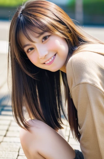 highest quality, soft light, ultra high resolution, (realistic:1.4), full_body,RAW photo, 1 japanese girl, alone, cute, (pupil, light in the eyes), detailed beautiful face,(High resolution details of human skin texture), (long hair), outdoor,skirt, (portrait),spring,big smile,sox,chirarhythm