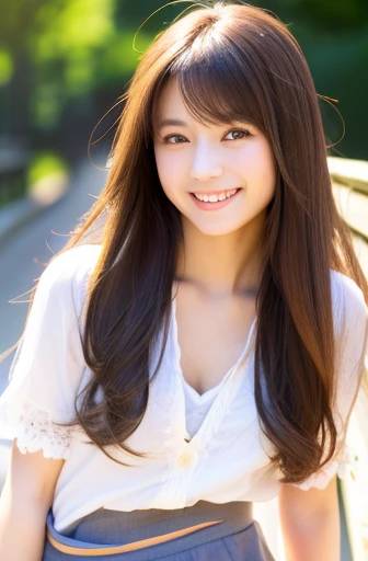 highest quality, soft light, ultra high resolution, (realistic:1.4), full_body,RAW photo, 1 japanese girl, alone, cute, (pupil, light in the eyes), detailed beautiful face,(High resolution details of human skin texture), (long hair), outdoor,skirt, (portrait),spring,big smile,sox,chirarhythm