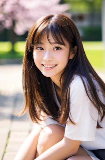 highest quality, soft light, ultra high resolution, (realistic:1.4), full_body,RAW photo, 1 japanese girl, alone, cute, (pupil, light in the eyes), detailed beautiful face,(High resolution details of human skin texture), (long hair), outdoor,skirt, (portrait),spring,big smile,sox,chirarhythm