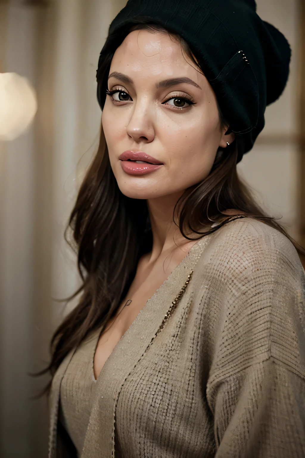 Donnez-moi une image de qualité 8K d&#39;Angelina Jolie&#39;le beau visage porte des vêtements à la mode et un bonnet