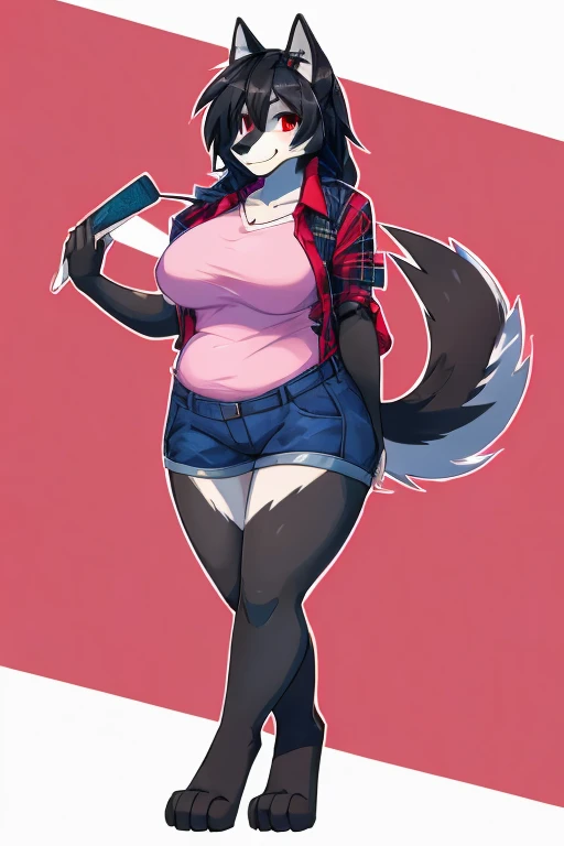 anthropomorphic, female, red eyes, black hair, husky, hellhound, (((1girl))), (((pink shirt))), (black short shorts), (black and blue flannel jacket), full body, cute and sexy, black skin, long digitigrade legs, smiling, big breasts, slightly chubby