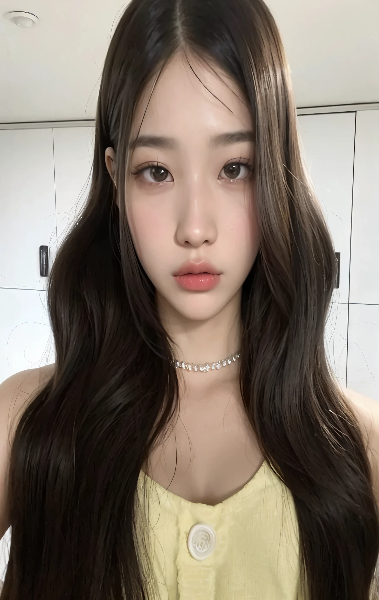 a close up of a woman com cabelo comprido wearing a yellow dress, jaeyeon nam, Ulzzang, Jinyoung Shin, Lalisa Manobal, o corte Hime, adorable and pale korean face, com rosto redondo, Heonhwa Choe, penteado com corte hime branco, coreana, jennie blackpink, com cabelo comprido, young lovely korean face, Korean facial features