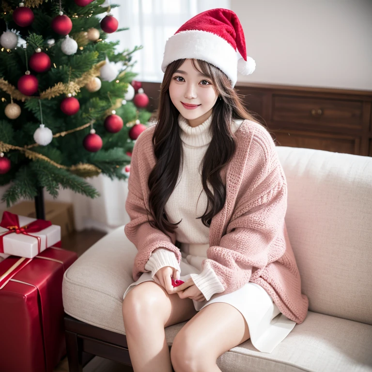 Wearing a Christmas hat,long hair girl,戴着米White围巾,Wearing a dark red woolen coat,wearing a sweater,Pink skirt,White,black leather shoes,Hand holding Christmas gift box,smiling,Sit on a cotton sofa
