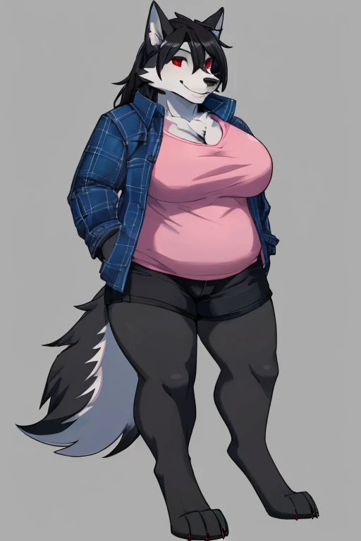 anthropomorphic, female, red eyes, black hair, husky, hellhound, (((1girl))), (((pink shirt))), (black short shorts), (black and blue flannel jacket), full body, cute and sexy, black skin, long digitigrade legs, smiling, big breasts, slightly chubby