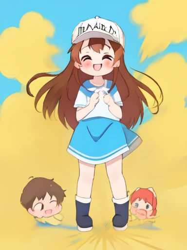 Platelets、8K、must-have、anime、fart、shyness、blush、a lot of gas、Gas comes out of the butt、animeチック、full body photo、、White cap、brown hair、long hair、Kindergarteners、blue clothes with top and bottom connected、Blue skirt、Are standing、Satisfied smile、open your mouth