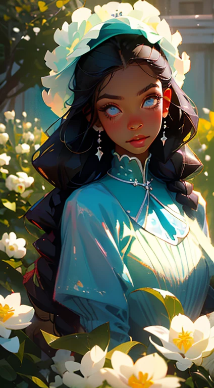 beautiful young woman, 2 long braids, thick bangs, dark hair, a lot of make-up, detailed eyes, detailed hair, detailed face, wearing round glasses, dark skin, portrait. face shot, long head, big nose, big lips, ebony skin, mischievous, blue eyes, wearing a cute blue tea party dress and a cute bonnet with blue roses, full body view, slim girl, 16 years old, background is a botanical garden full of flowers, herbs, plants and butterflies, (natural skin textures、Hyper-Realism、Soft light、sharp)