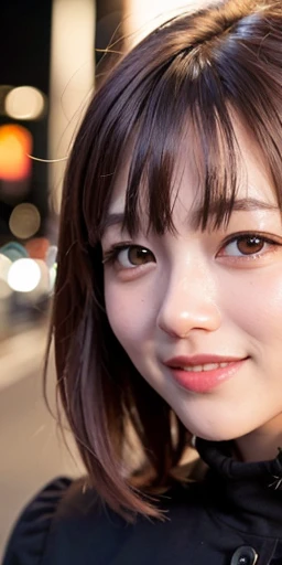 1 girl、tokyo street、night、cityscape、city lights、Upper body、Close-up、laughter、、(8K、Raw photo、highest quality、masterpiece:1.2)、 laughter,(realistic、photo realistic:1.37)、Styled woman with red hair and black uniform posing for a photo
