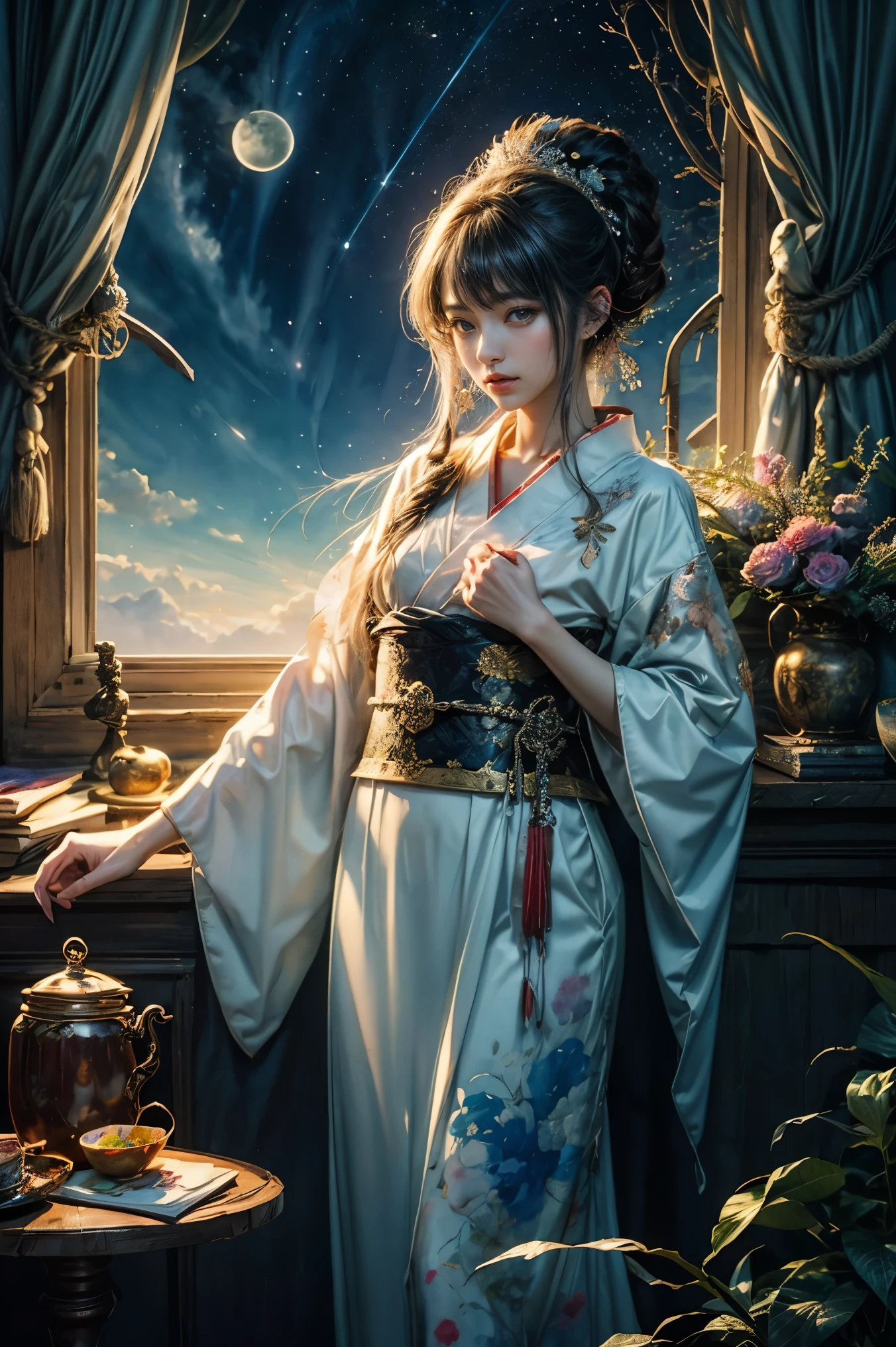 (table top, highest qualityの, highest quality, official art, (beautiful and aesthetic:1.4), (watercolor painting:1.4) ),  (Banjakuhime 1.5), Goddess of Japan mythology, Dignified beauty, Star Goddess、Goddess of the night sky、In general、((((In general))))、Support for samsara, God's Grace, Gentle and meditative expression, flowing celestial garment, shine、Kimono with delicate pattern、Brought peace and a bountiful harvest to all living beings on earth, Soar up to the starry sky, Whispers of ancient lore、(((Are standing)))