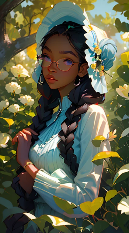 beautiful young woman, 2 long braids, thick bangs, dark hair, a lot of make-up, detailed eyes, detailed hair, detailed face, wearing round glasses, dark skin, portrait. face shot, long head, big nose, big lips, ebony skin, mischievous, blue eyes, wearing a cute blue tea party dress and a cute bonnet with blue roses, full body view, slim girl, , background is a botanical garden full of flowers, herbs, plants and butterflies, (natural skin textures、Hyper-Realism、Soft light、sharp)